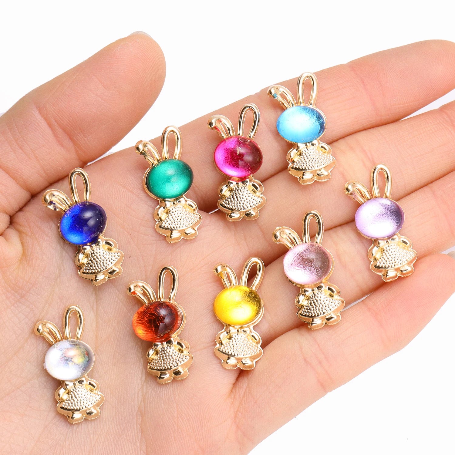 10Pcs Mix Multi Coloured Cartoon Crystal Rabbit Pendants Gold Color Metal Charms For Jewelry Making DIY Earrings Necklace Crafts