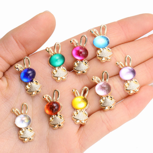 10Pcs Mix Multi Coloured Cartoon Crystal Rabbit Pendants Gold Color Metal Charms For Jewelry Making DIY Earrings Necklace Crafts