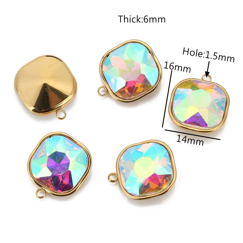 5pcs/lot Stainless Steel Square Pendant Rectangle Faceted Glass Crystal Charms for Bracelets Earring Necklace Jewelry Making
