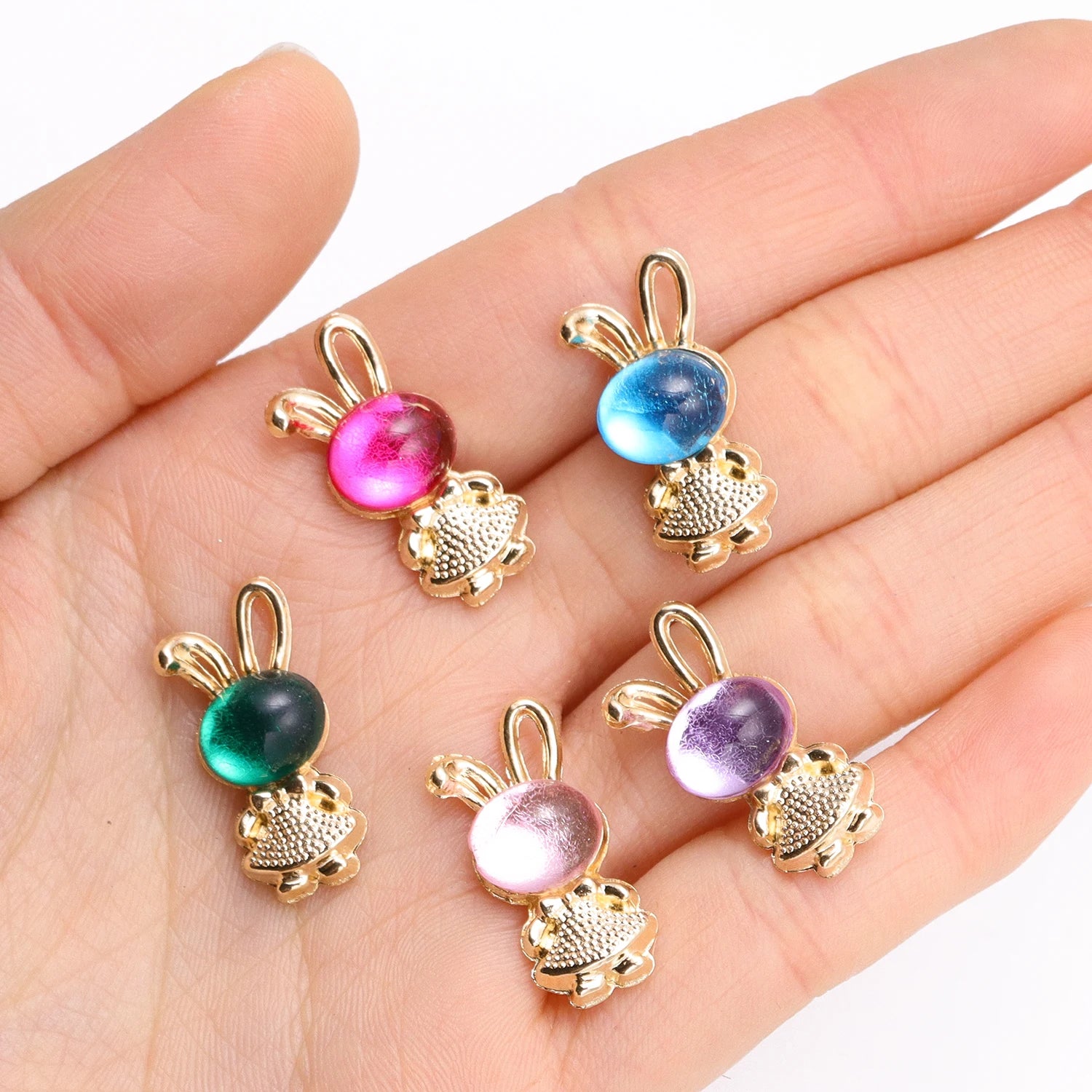 10Pcs Mix Multi Coloured Cartoon Crystal Rabbit Pendants Gold Color Metal Charms For Jewelry Making DIY Earrings Necklace Crafts