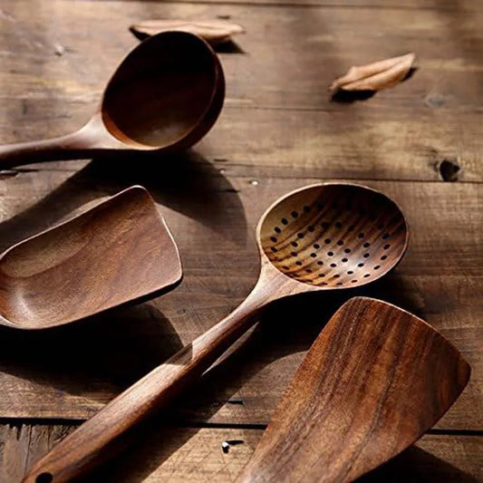 5 Pcs Natural Wooden Utensil Set, Safe for Non-Stick Pans. Kitchen Cooking Spatula Spoon Turner, 37cm