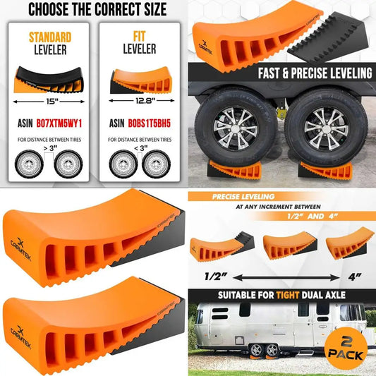 Camper Leveler 2-Pack Kit | Fit Curved RV Levelers with Wheel Chocks for Tight Dual Axle Trailers | Faster RV Leveling System Th