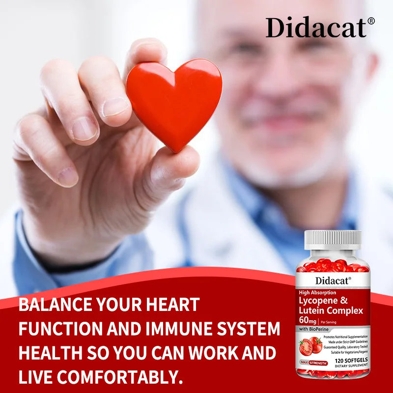 Lycopene + Lutein Complex 60mg with Bioperine, Dietary Supplement for Prostate, Heart & Eyes Health, Antioxidant, Non-GMO
