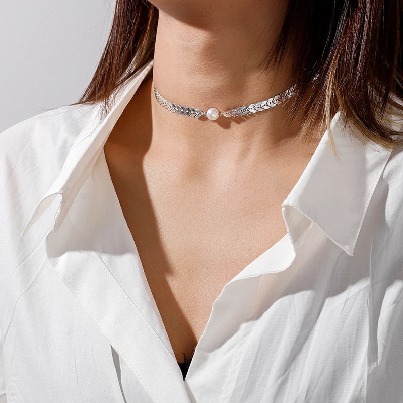 Aihua Simple Copper Beads Chain Choker Necklace for Women Men Kpop Fashion Silver Color Small Ball Short Clavicle Chain Necklace
