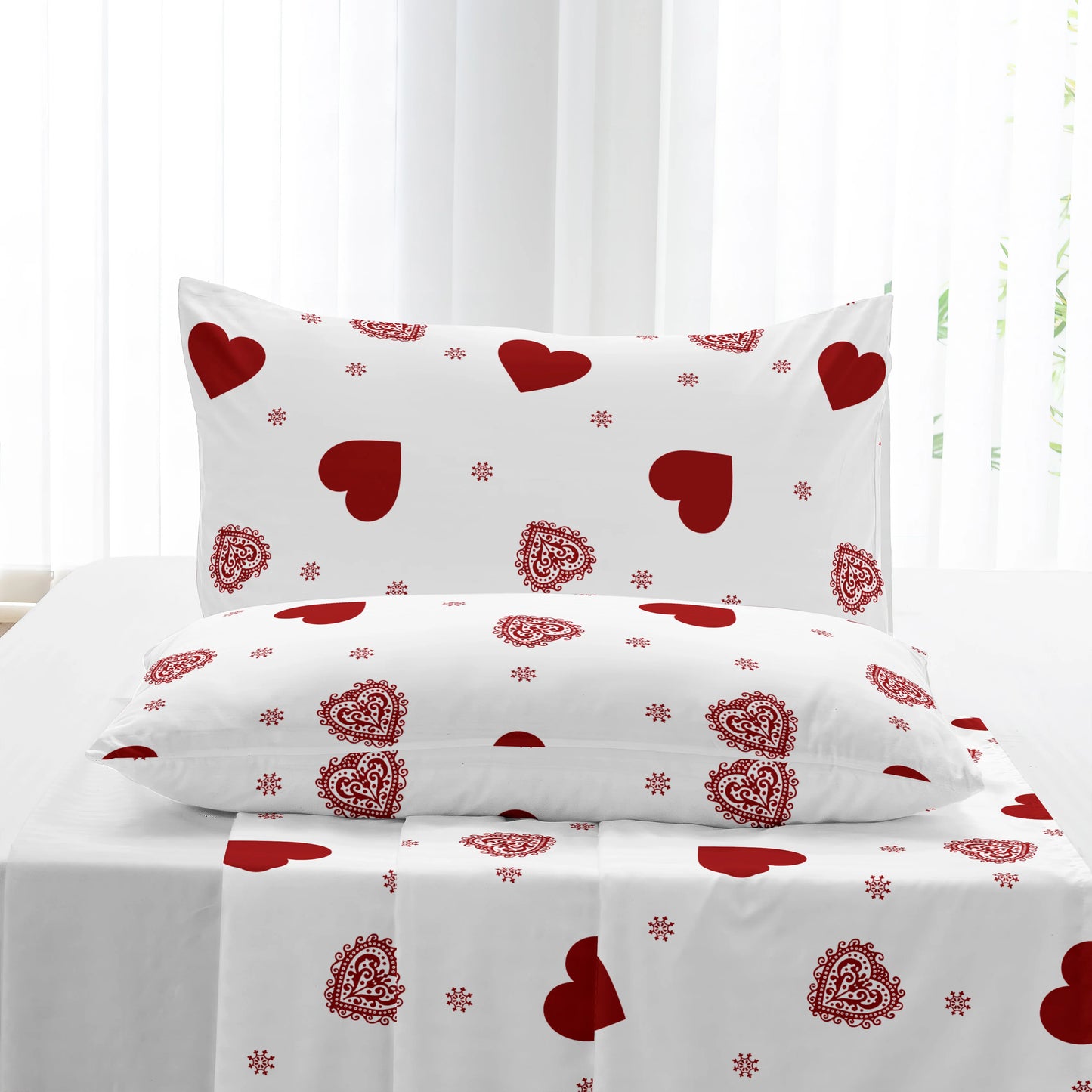 4pcs heart symbol brushed Fitted sheet+flat sheet+pillowcase set skin friendly breathable Queen Size Flat bed sheet Pillowcases