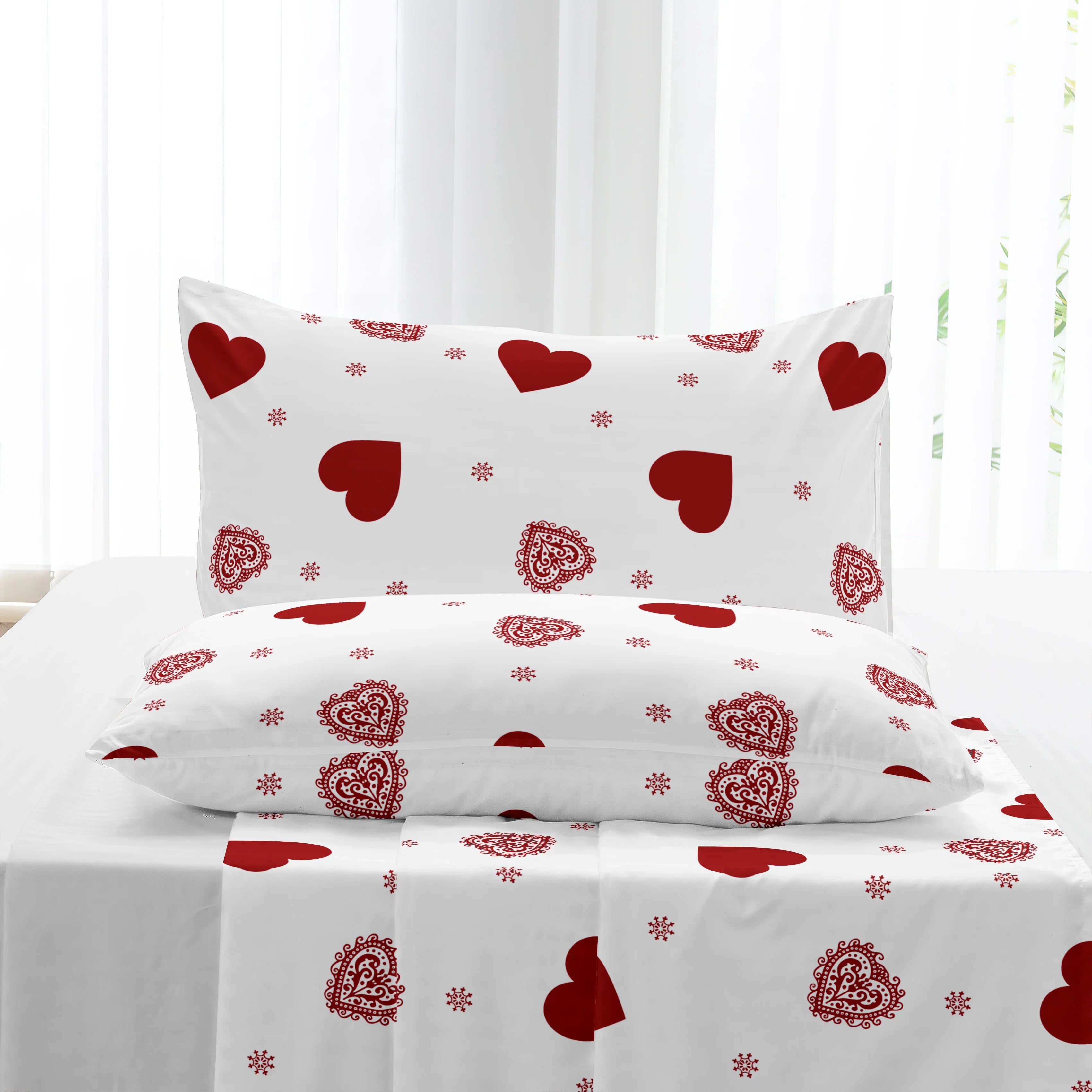 4pcs heart symbol brushed Fitted sheet+flat sheet+pillowcase set skin friendly breathable Queen Size Flat bed sheet Pillowcases