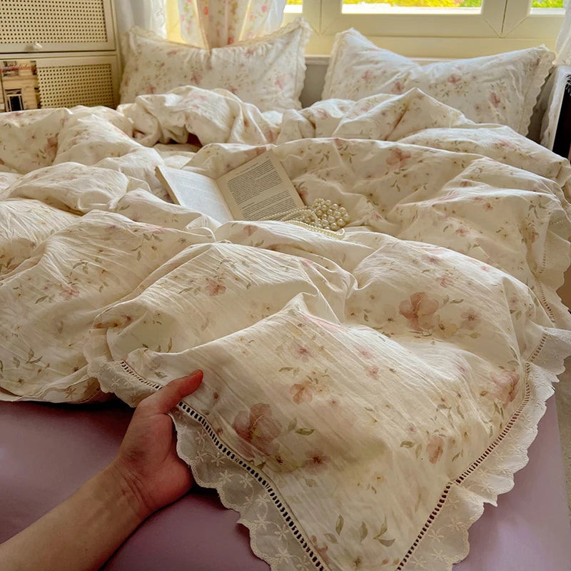 Washed Cotton Duvet Cover Sets Single/Queen/king Flower Printed Bedding Set Princess Style e housse de couette 220x240 with Lace