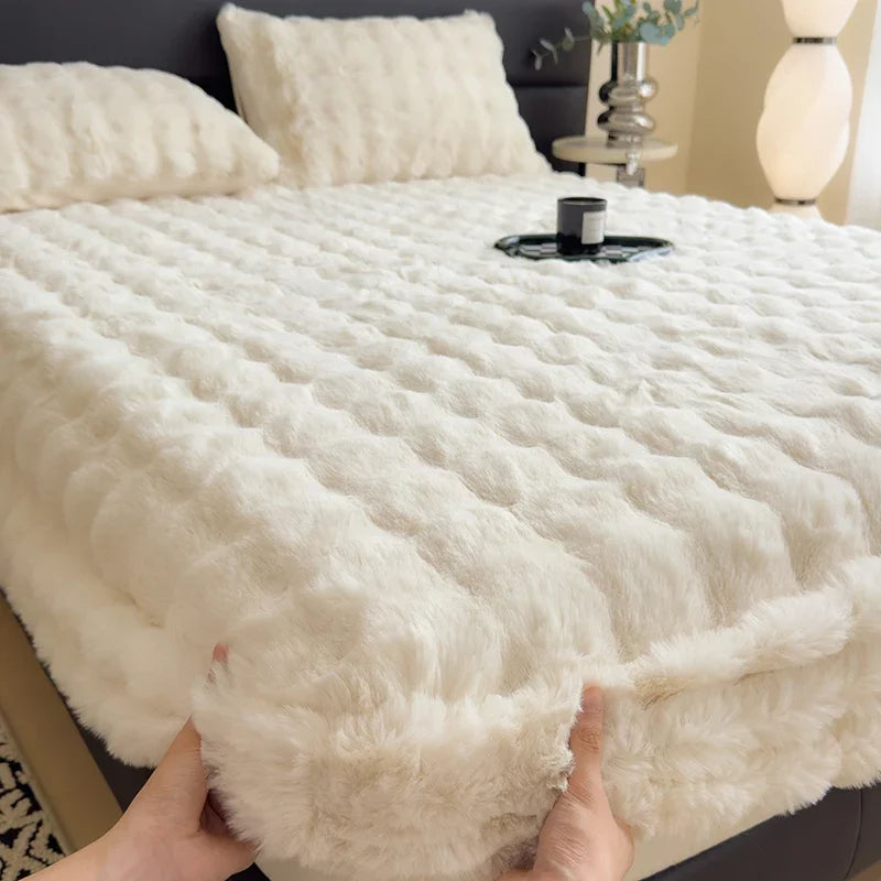 2024 new thickened rabbit plush mattress single piece winter warm plush sheet cover all-inclusive mattress protective cover