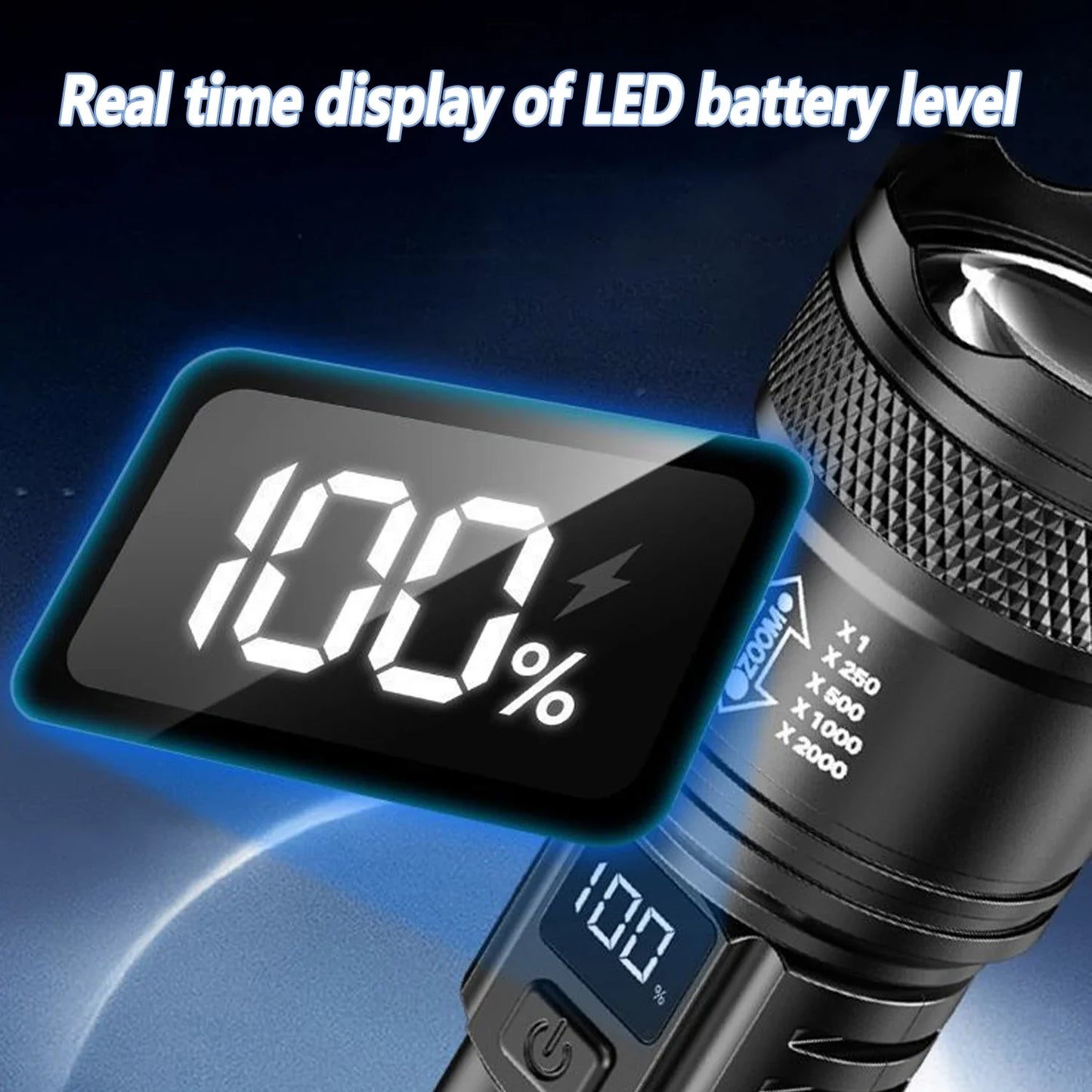 Rechargeable LED Flashlight Zoomable Torch with LCD Display 3 Modes Waterproof High Power Hand Light Outdoor Wilderness Camping