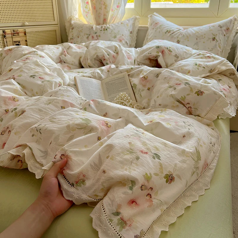 Washed Cotton Duvet Cover Sets Single/Queen/king Flower Printed Bedding Set Princess Style e housse de couette 220x240 with Lace